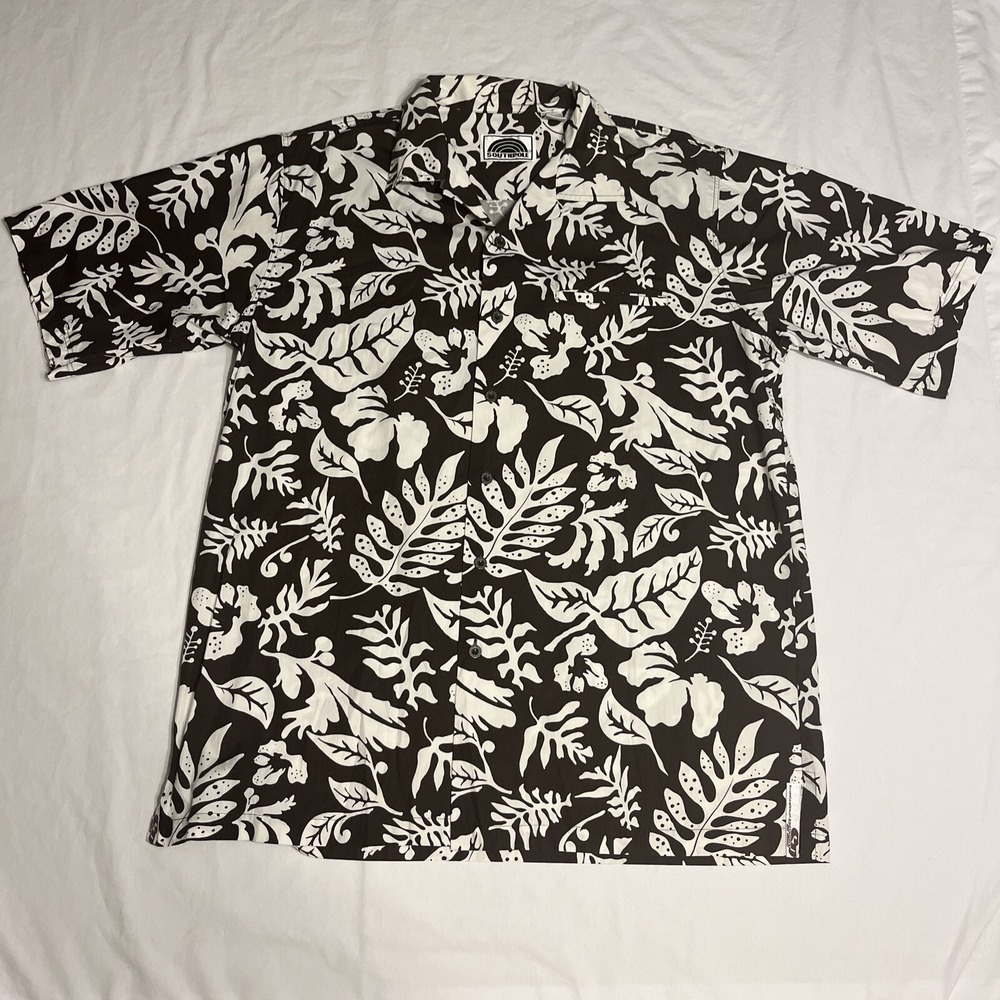 Vintage South Pole Hawaiian Shirt Brown Floral Aloha Camp Collar Sz Large 90's